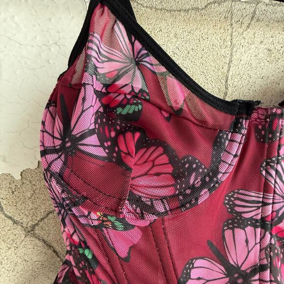 Corset Bustier Tank Top Mesh Magenta Pink Butterfly Print Black Ruffle Hem Sz 8 - Picture 3 of 7